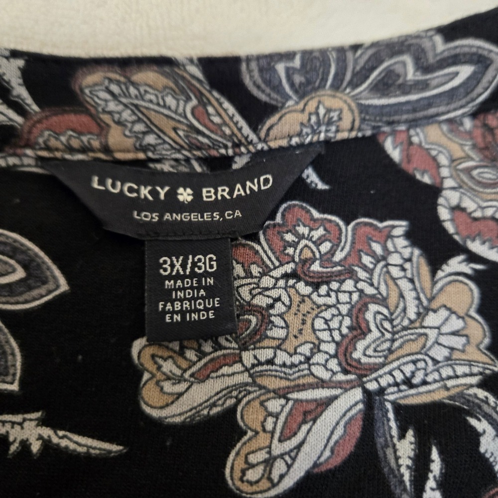 Lucky Brand Womens 3X Floral Henley Tunic Top 3/4 Sleeve Black Boho Viscose‎ - Picture 6 of 16